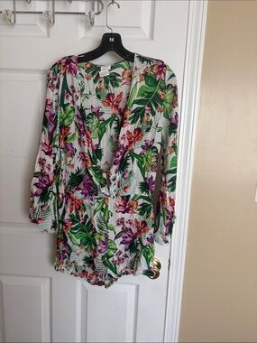 La Blanca Tropical Floral V-Neck Cover Up Romper in White, Green, Purple